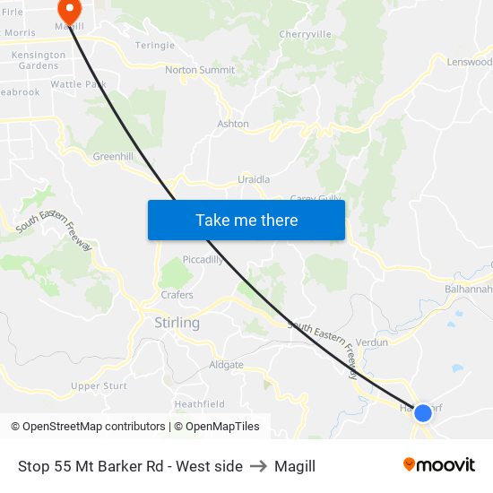 Stop 55 Mt Barker Rd - West side to Magill map