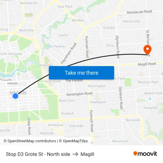 Stop D3 Grote St - North side to Magill map