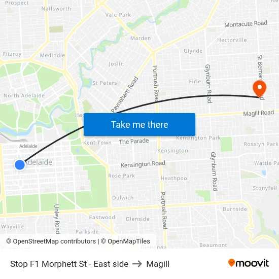 Stop F1 Morphett St - East side to Magill map