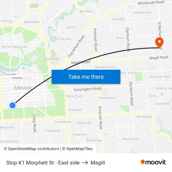 Stop K1 Morphett St - East side to Magill map