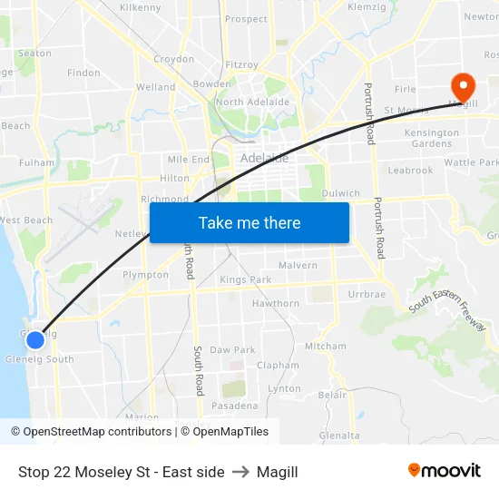 Stop 22 Moseley St - East side to Magill map