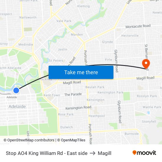 Stop AO4 King William Rd - East side to Magill map