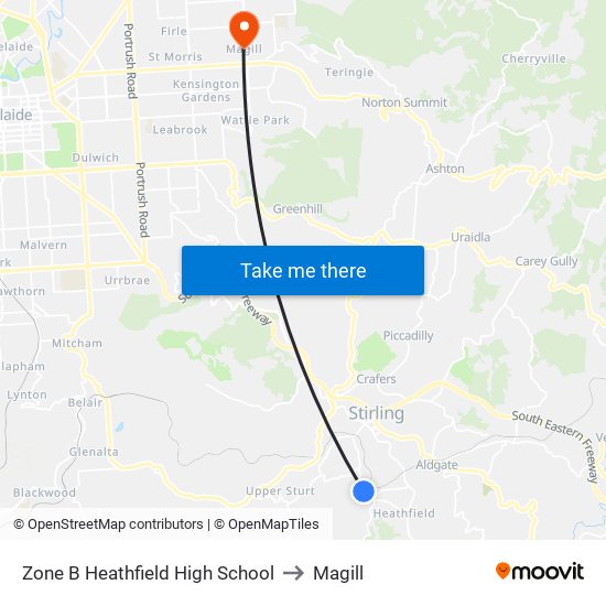 Zone B Heathfield High School to Magill map