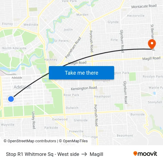 Stop R1 Whitmore Sq - West side to Magill map
