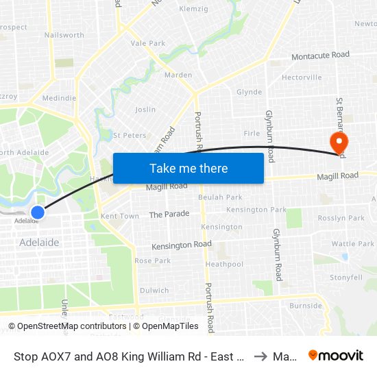 Stop AOX7 and AO8 King William Rd - East side to Magill map