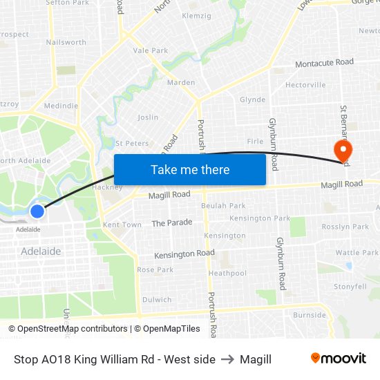 Stop AO18 King William Rd - West side to Magill map