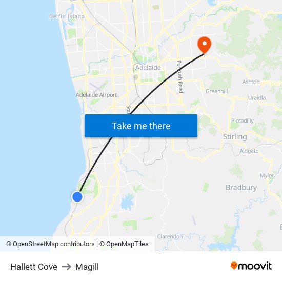 Hallett Cove to Magill map