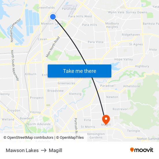 Mawson Lakes to Magill map