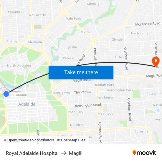 Royal Adelaide Hospital to Magill map