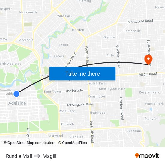 Rundle Mall to Magill map