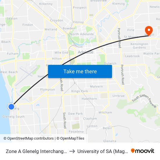 Zone A Glenelg Interchange - West side to University of SA (Magill Campus) map