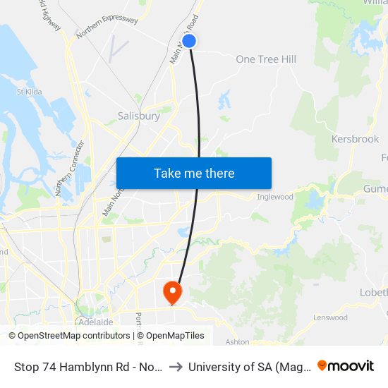 Stop 74 Hamblynn Rd - North West side to University of SA (Magill Campus) map