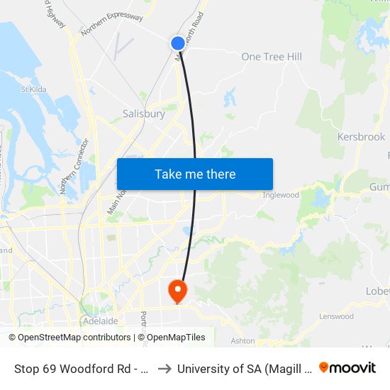 Stop 69 Woodford Rd - West side to University of SA (Magill Campus) map