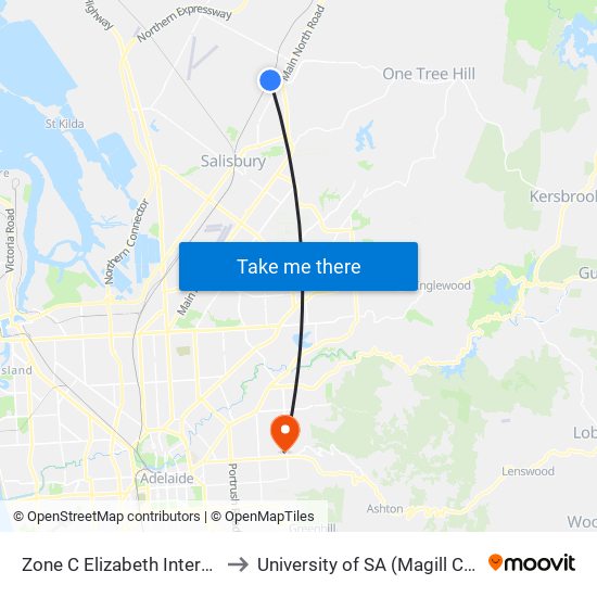 Zone C Elizabeth Interchange to University of SA (Magill Campus) map