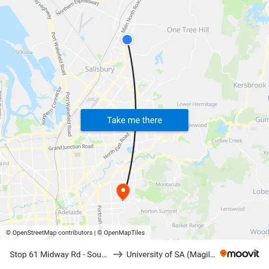 Stop 61 Midway Rd - South East side to University of SA (Magill Campus) map