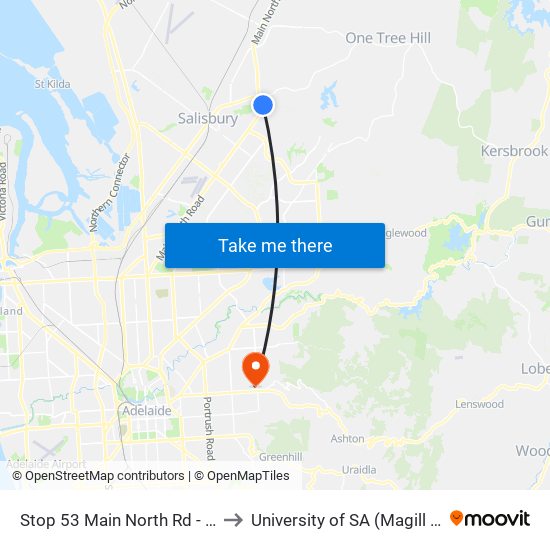 Stop 53 Main North Rd - East side to University of SA (Magill Campus) map