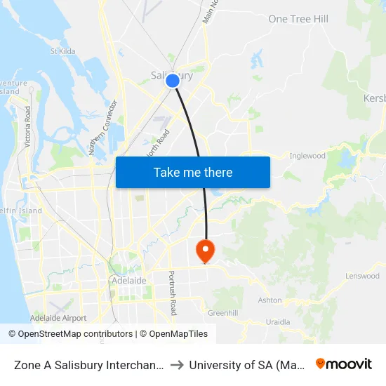 Zone A Salisbury Interchange - West Side to University of SA (Magill Campus) map