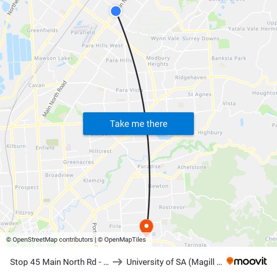 Stop 45 Main North Rd - East side to University of SA (Magill Campus) map