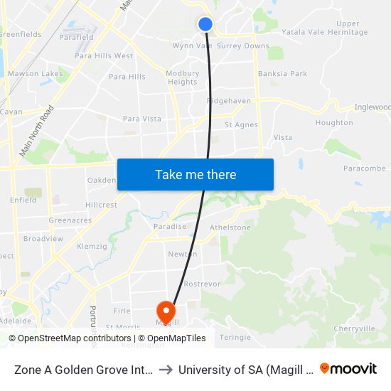 Zone A Golden Grove Interchange to University of SA (Magill Campus) map