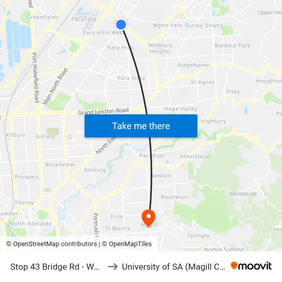 Stop 43 Bridge Rd - West side to University of SA (Magill Campus) map