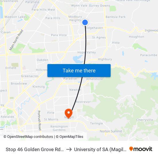 Stop 46 Golden Grove Rd - East side to University of SA (Magill Campus) map