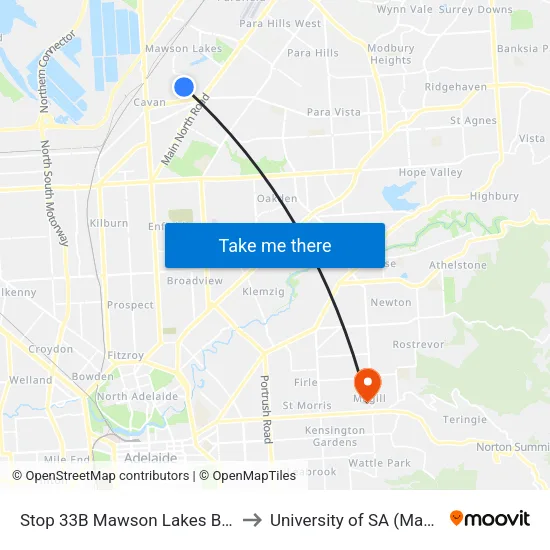 Stop 33B Mawson Lakes Blvd - West side to University of SA (Magill Campus) map