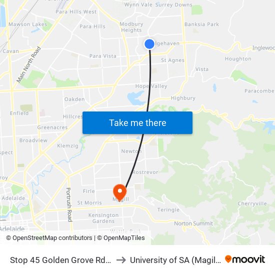 Stop 45 Golden Grove Rd - West side to University of SA (Magill Campus) map