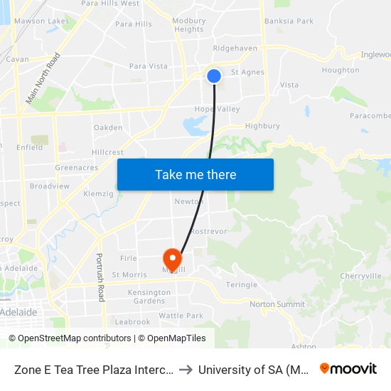 Zone E Tea Tree Plaza Interchange - East side to University of SA (Magill Campus) map