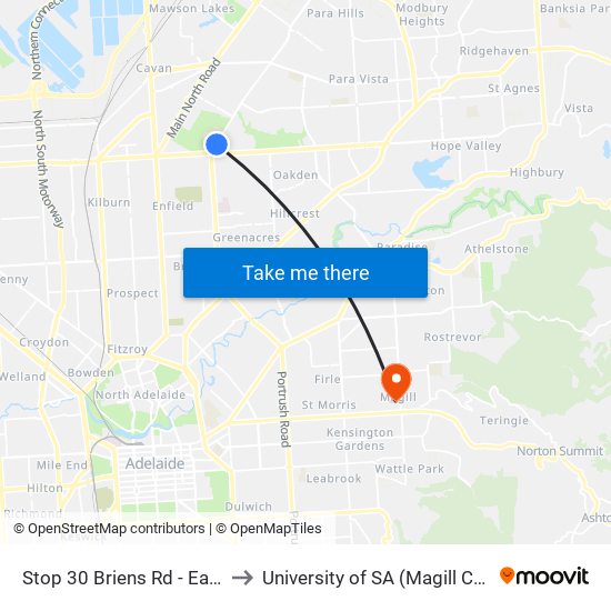 Stop 30 Briens Rd - East side to University of SA (Magill Campus) map