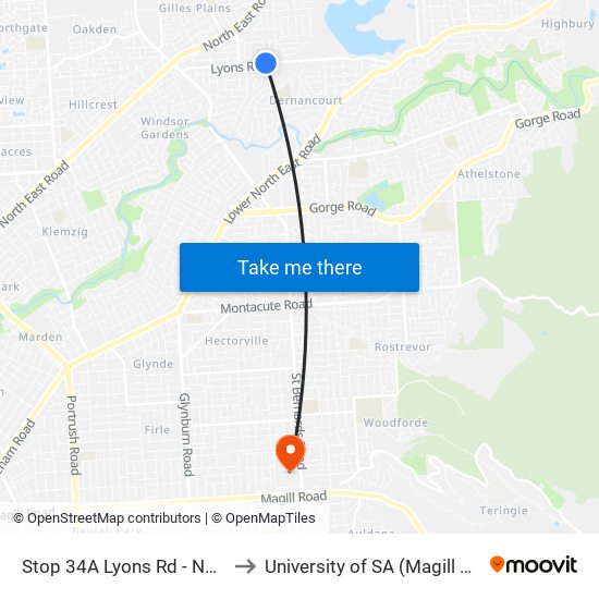 Stop 34A Lyons Rd - North side to University of SA (Magill Campus) map