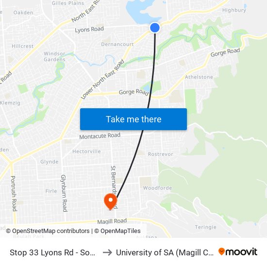 Stop 33 Lyons Rd - South side to University of SA (Magill Campus) map