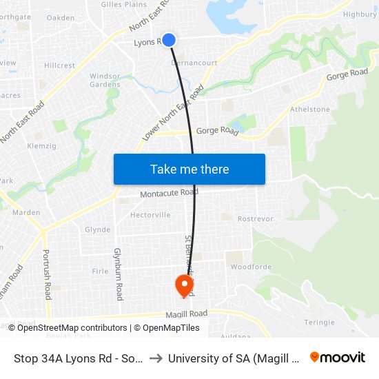 Stop 34A Lyons Rd - South side to University of SA (Magill Campus) map