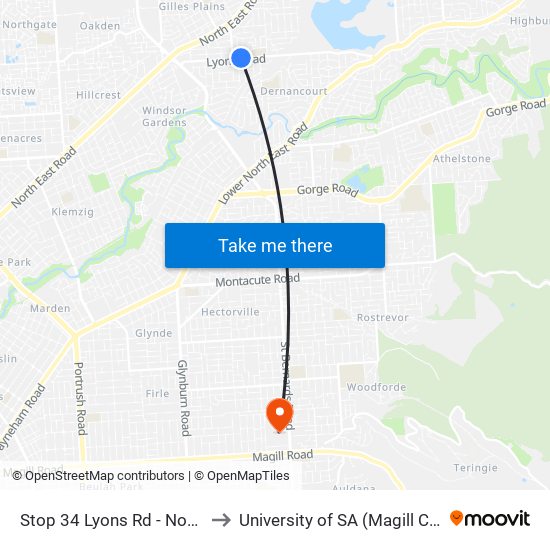 Stop 34 Lyons Rd - North side to University of SA (Magill Campus) map