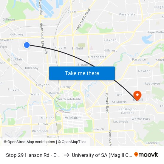 Stop 29 Hanson Rd - East side to University of SA (Magill Campus) map