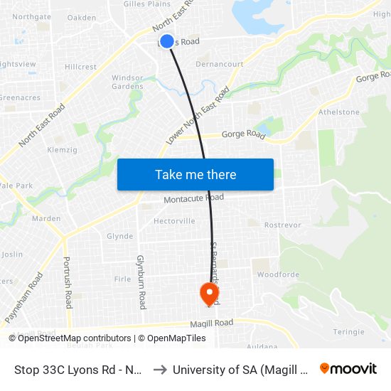 Stop 33C Lyons Rd - North side to University of SA (Magill Campus) map