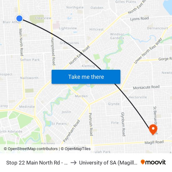 Stop 22 Main North Rd - West side to University of SA (Magill Campus) map