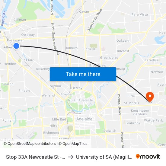 Stop 33A Newcastle St - East side to University of SA (Magill Campus) map