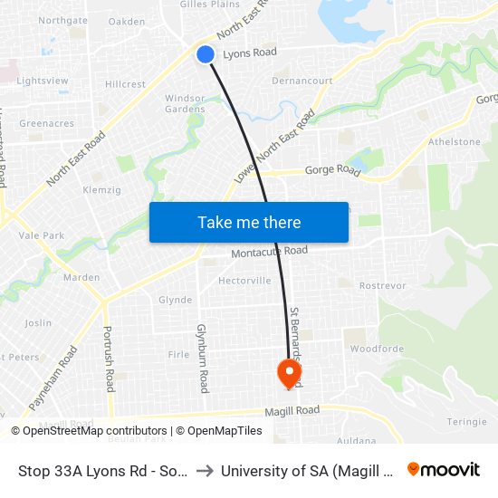 Stop 33A Lyons Rd - South side to University of SA (Magill Campus) map