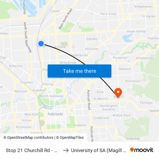 Stop 21 Churchill Rd - West side to University of SA (Magill Campus) map