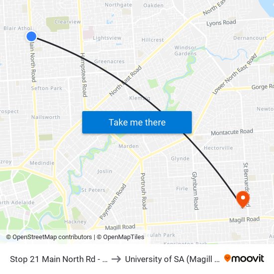 Stop 21 Main North Rd - East side to University of SA (Magill Campus) map