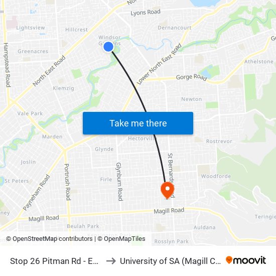 Stop 26 Pitman Rd - East side to University of SA (Magill Campus) map