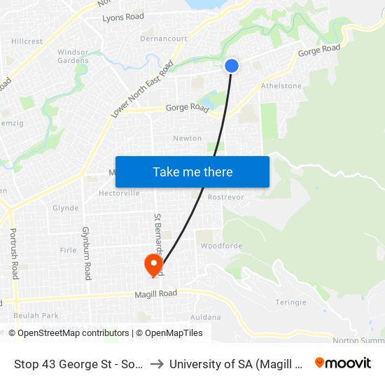 Stop 43 George St - South side to University of SA (Magill Campus) map