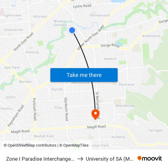 Zone I Paradise Interchange - North West side to University of SA (Magill Campus) map