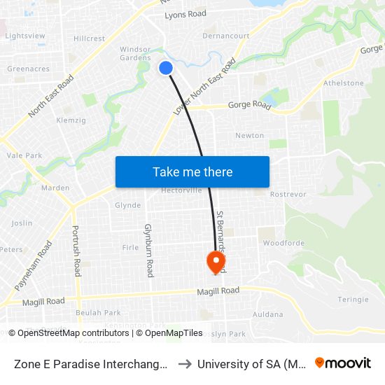 Zone E Paradise Interchange - North West side to University of SA (Magill Campus) map