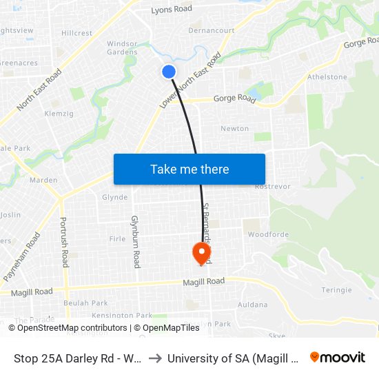 Stop 25A Darley Rd - West side to University of SA (Magill Campus) map