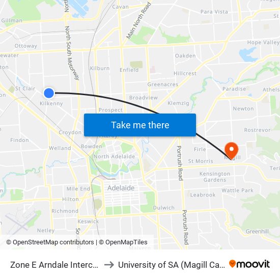 Zone E Arndale Interchange to University of SA (Magill Campus) map