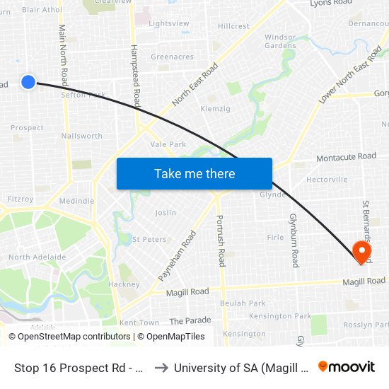 Stop 16 Prospect Rd - East side to University of SA (Magill Campus) map