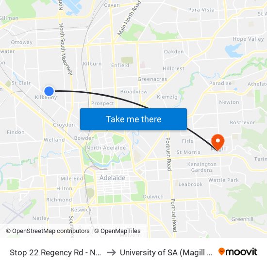 Stop 22 Regency Rd - North side to University of SA (Magill Campus) map
