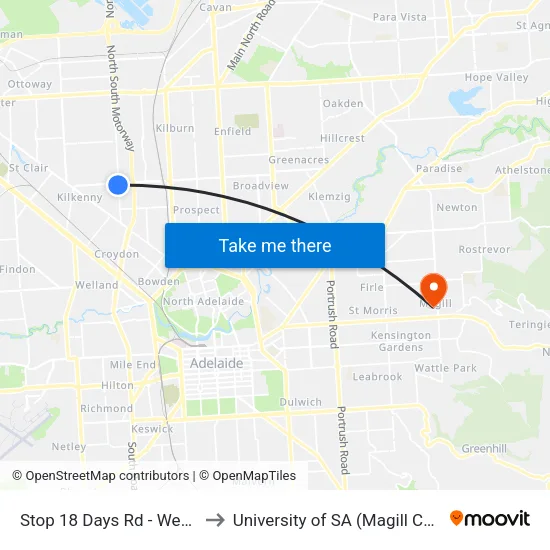 Stop 18 Days Rd - West side to University of SA (Magill Campus) map