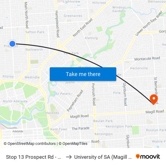 Stop 13 Prospect Rd - East side to University of SA (Magill Campus) map